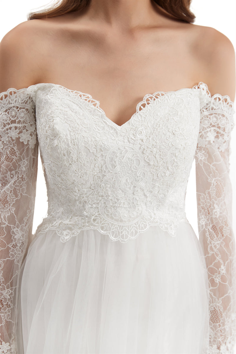 Long Mermaid Sweetheart Strapless Long Sleeve Open Back Appliques Lace Wedding Dress-Ballbella