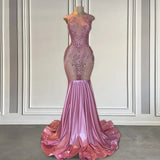 Long Pink Sleeveless Mermaid Prom Dress Featuring Beadings-Ballbella