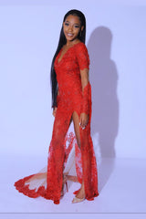 Long Sexy Red Front Slit Prom Dress Lace Long Sleeves-Ballbella