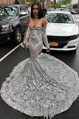 Long Sexy Sweetheart Silvery Mermaid Prom Dress Sequins Long Sleeves-Ballbella