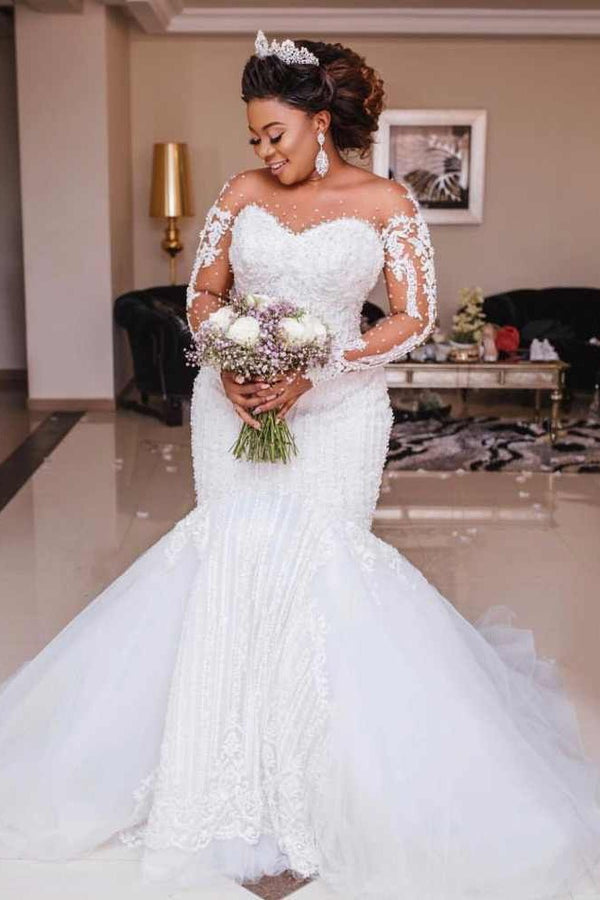 Long Sleeves Appliques Sheer Tulle Mermaid Lace Wedding Dresses Bridal Gowns-Ballbella