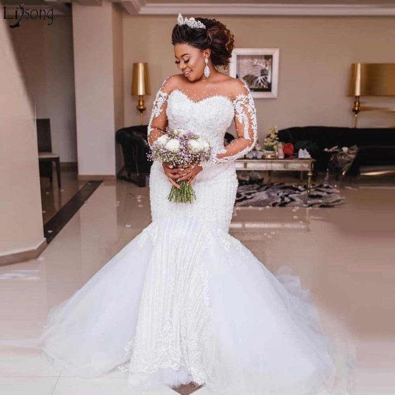 Long Sleeves Appliques Sheer Tulle Mermaid Lace Wedding Dresses Bridal Gowns  – Ballbella