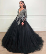 Long Sleeves Ball Gown Prom Dress Sequins Black V-Neck Long Tulle-Ballbella