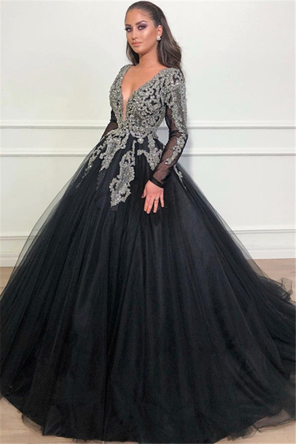 black ball gown dress Long Sleeves Ball Gown Prom Dress Sequins Black V-Neck Long Tulle