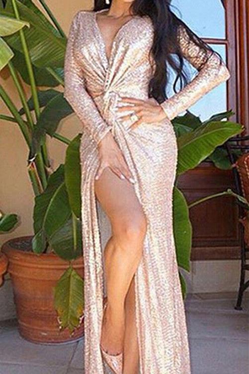 Long Sleeves Champagne Prom Dresses |Deep V-neck Sequins Chic Slit Evening Dress-Ballbella