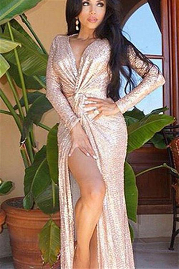 Long Sleeves Champagne Prom Dresses |Deep V-neck Sequins Chic Slit Evening Dress-Ballbella