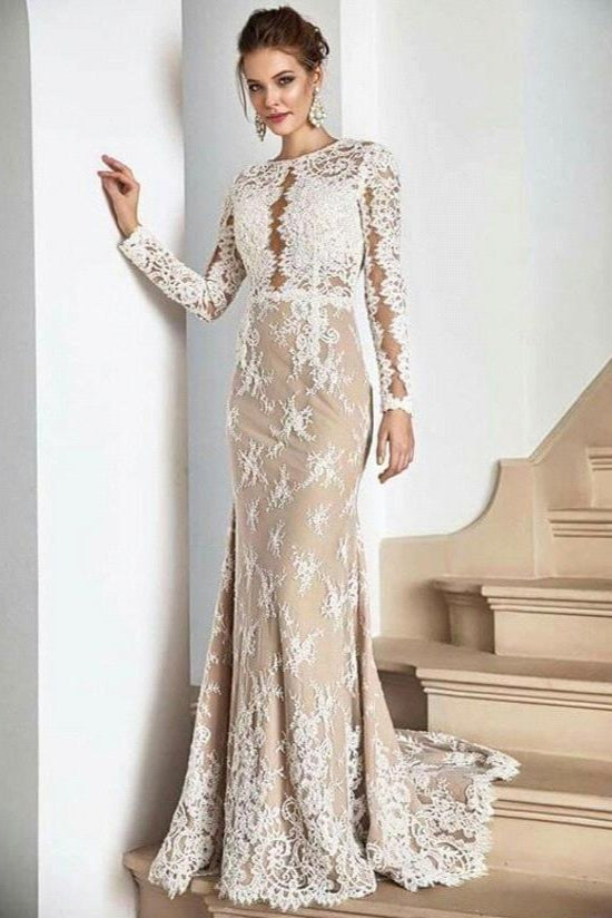 Long sleeves Champange Princess Lace Floor length V-neck Wedding Dresses-Ballbella