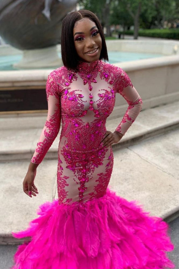 Looking for Prom Dresses, Evening Dresses in Stretch Satin,  Mermaid style,  and Gorgeous Feathers, Rhinestone work? Ballbella has all covered on this elegant Long Sleeves Crystals Mermaid Evening Gowns Appliques Prom Dress.