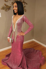 Long Sleeves Deep V-Neck Mermaid Prom Dress Sequins Royal Blue Red Long-Ballbella