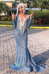 Long Sleeves Deep V-Neck Mermaid Prom Dress Sequins Royal Blue Red Long-Ballbella