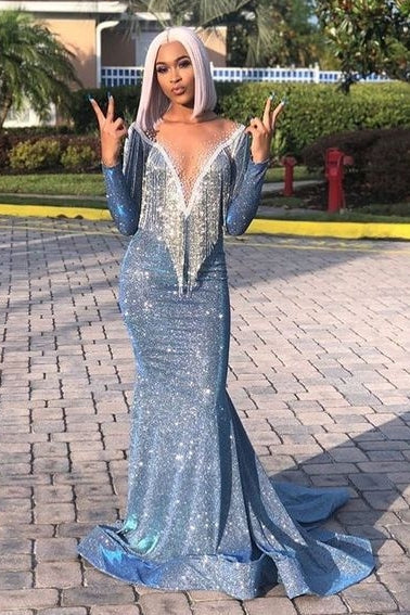 Long Sleeves Deep V-Neck Mermaid Prom Dress Sequins Royal Blue Red Long-Ballbella
