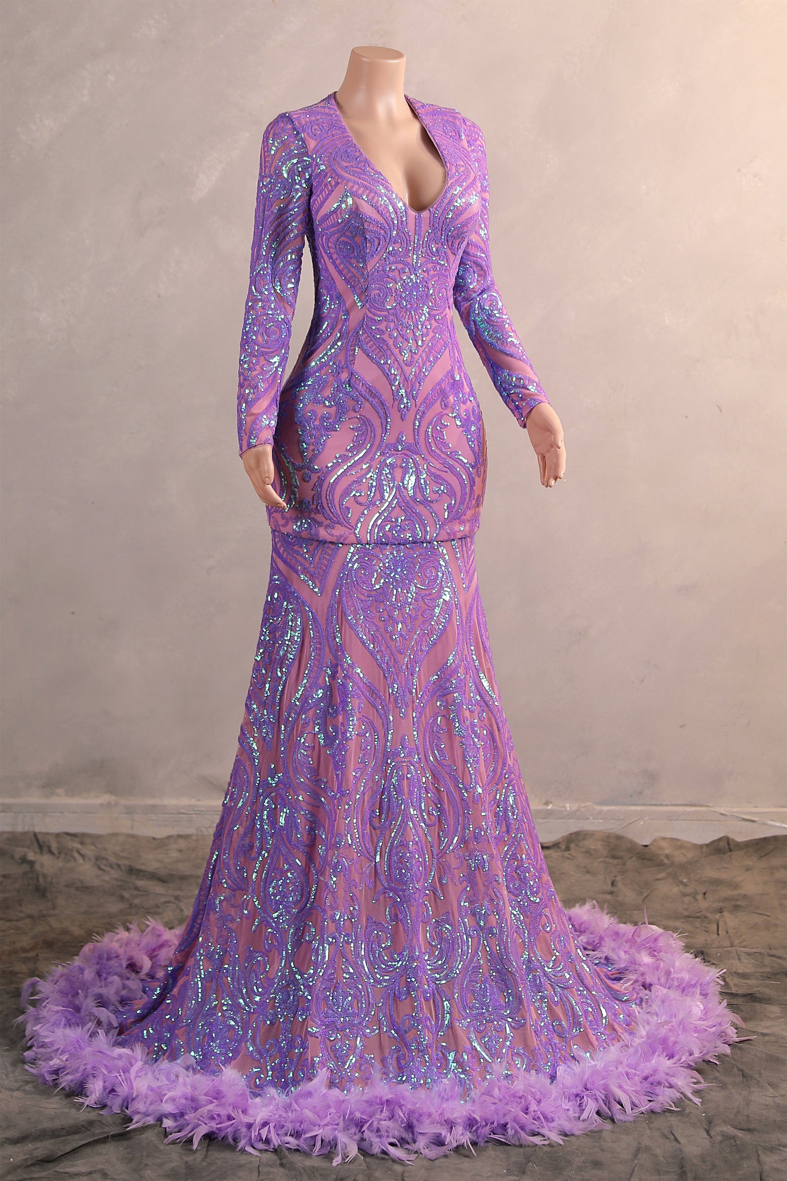 lilac sequin dress Long sleeves Feather Lilac Sequin Sparkle Mermaid Prom Dresses