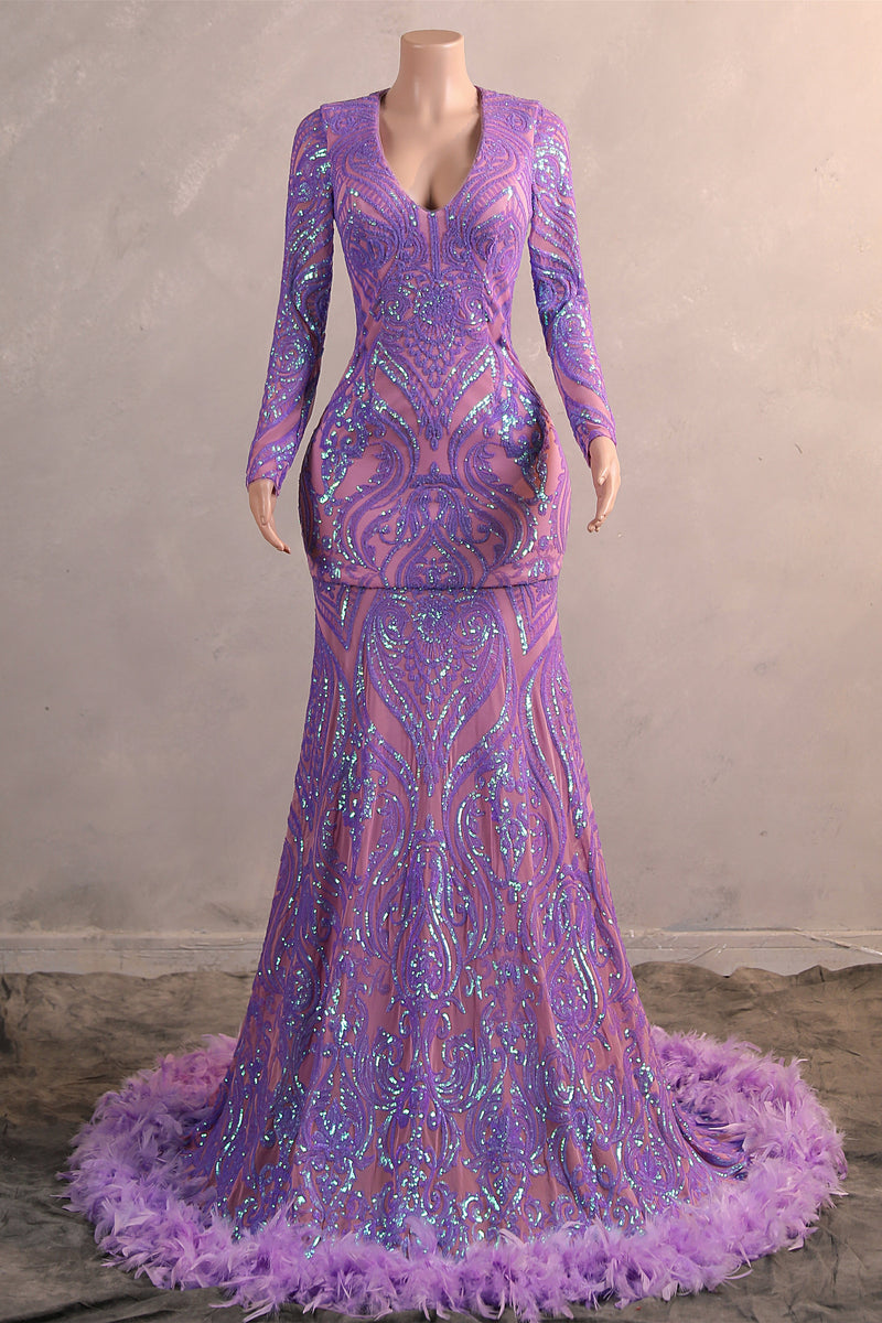 mermaid prom dresses purple Long sleeves Feather Lilac Sequin Sparkle Mermaid Prom Dresses