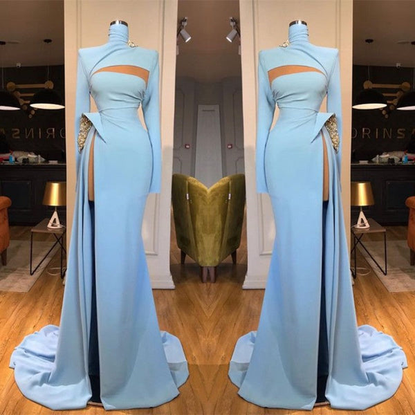 Long Sleeves High Neck Mermaid Prom Dress Long With Slit-Ballbella