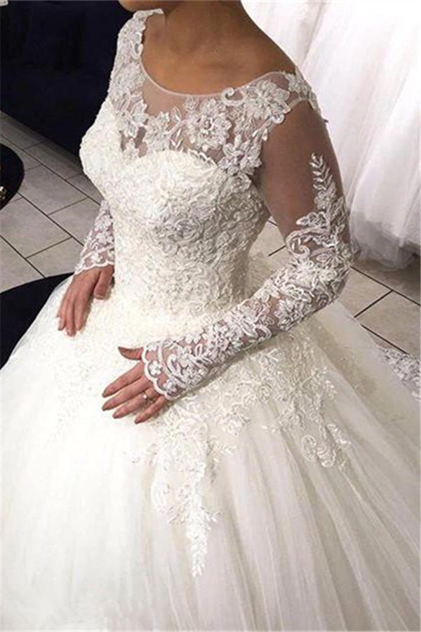 Long Sleeves Lace Ball Gown Wedding Dress Tulle Sweep Train Bridal Gowns-Ballbella