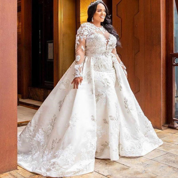 Ballbella.com supplies you Long Sleeves Lace White Mermaid Bridal Gowns with Trendy Overskirt at reasonable price. Fast delivery worldwide. 