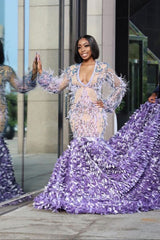 Long Sleeves Mermaid Evening Gowns Floral Pattern Sweep Train-Ballbella