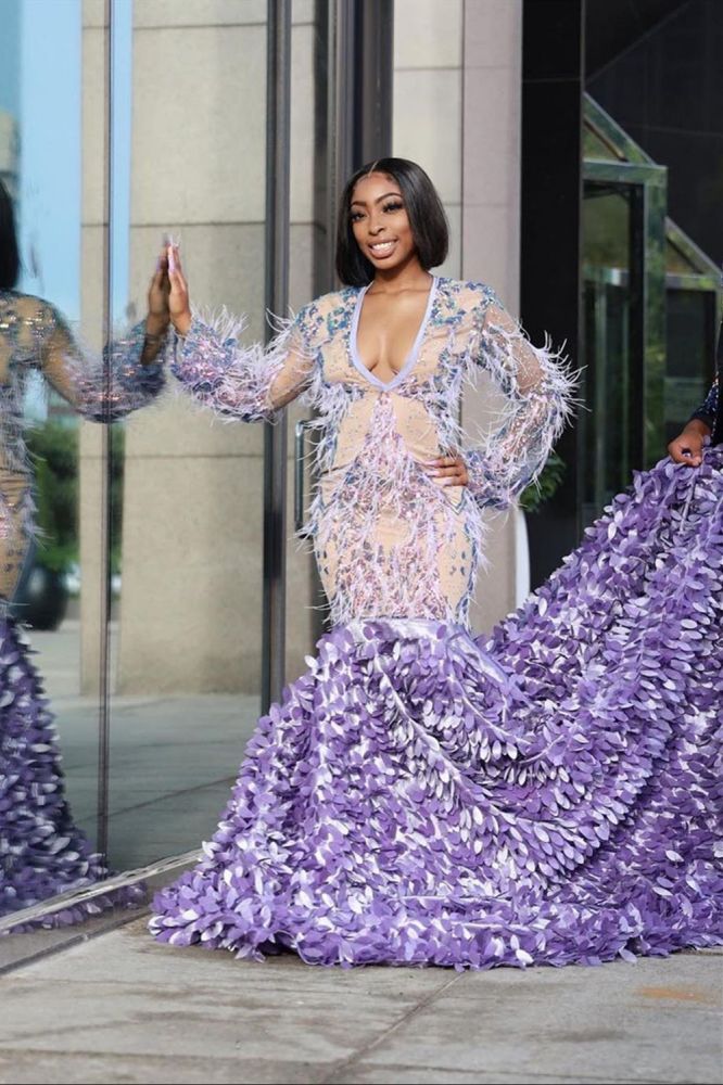 Long Sleeves Mermaid Evening Gowns Floral Pattern Sweep Train-Ballbella