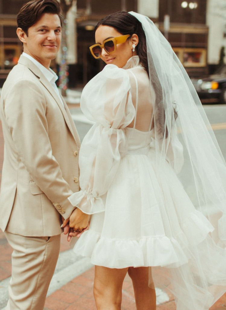 Long Sleeves Mini White Short Summer Wedding Dresses-Ballbella