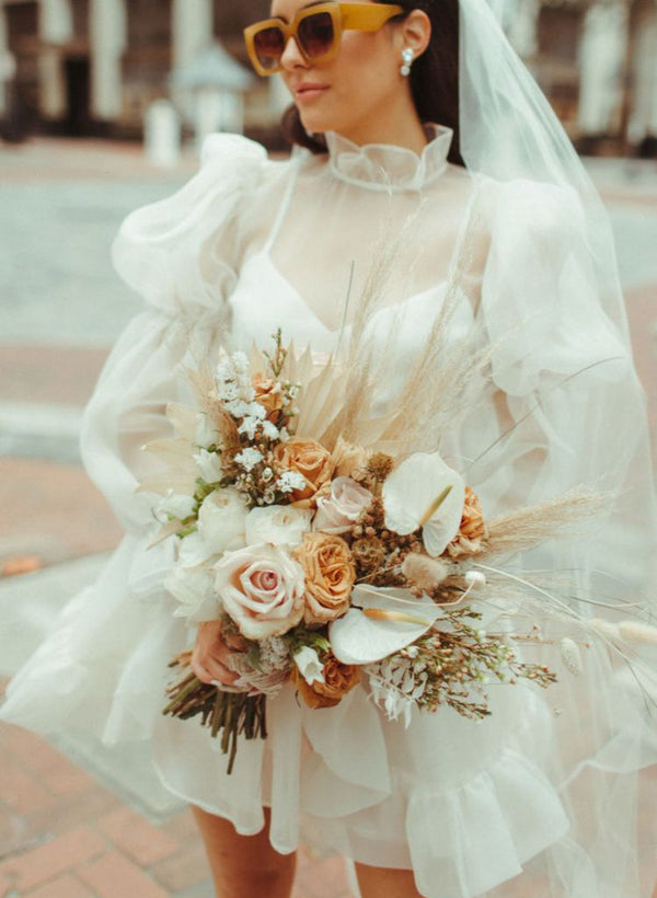 Long Sleeves Mini White Short Summer Wedding Dresses-Ballbella