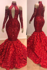 Long Sleeves Modest Halter Mermaid Prom Dress Sequins Long Red-Ballbella