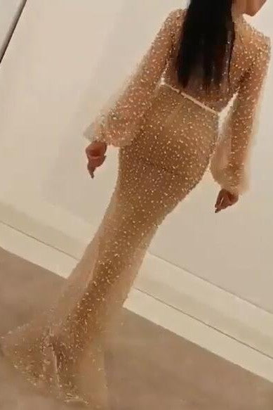 Long Sleeves Modest Mermaid Prom Dress Long Small Round Collar-Ballbella