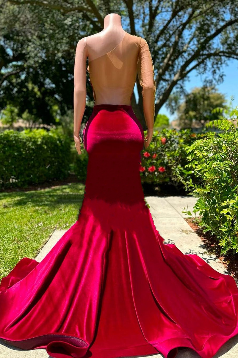 Long Sleeves One Shoulder Gold Appliques Burgundy Prom Dresses Long Sleeves One Shoulder Gold Appliques Burgundy Prom Dresses