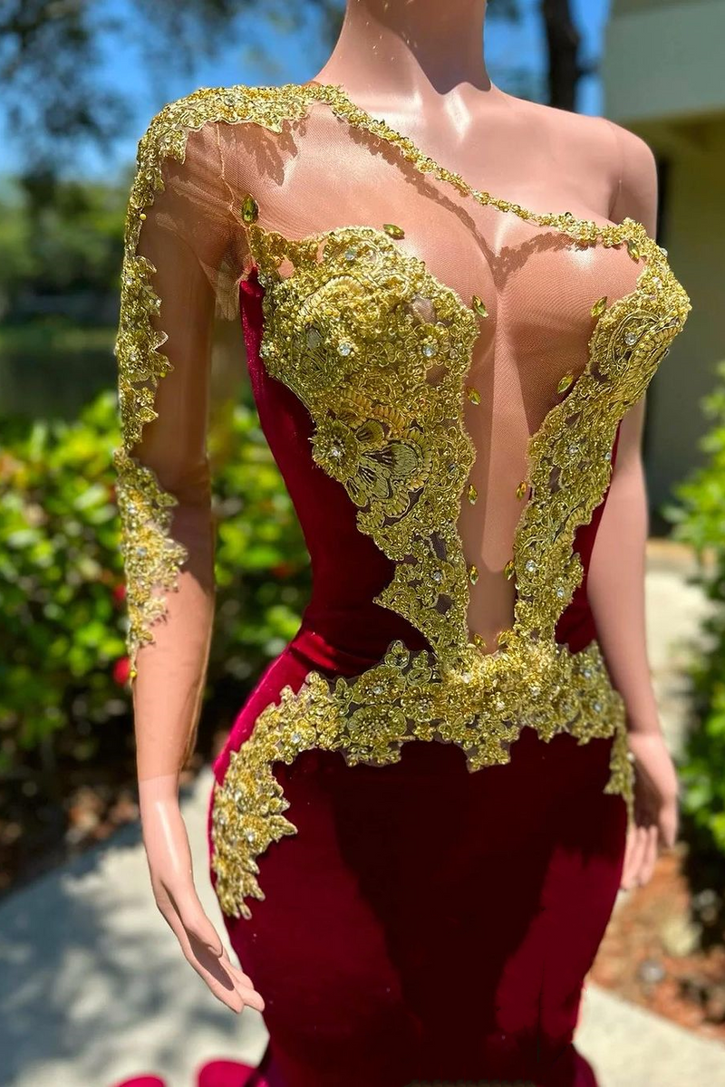 Long sleeves One shoulder Gold Appliques Burgundy Prom Dresses Long sleeves One shoulder Gold Appliques Burgundy Prom Dresses