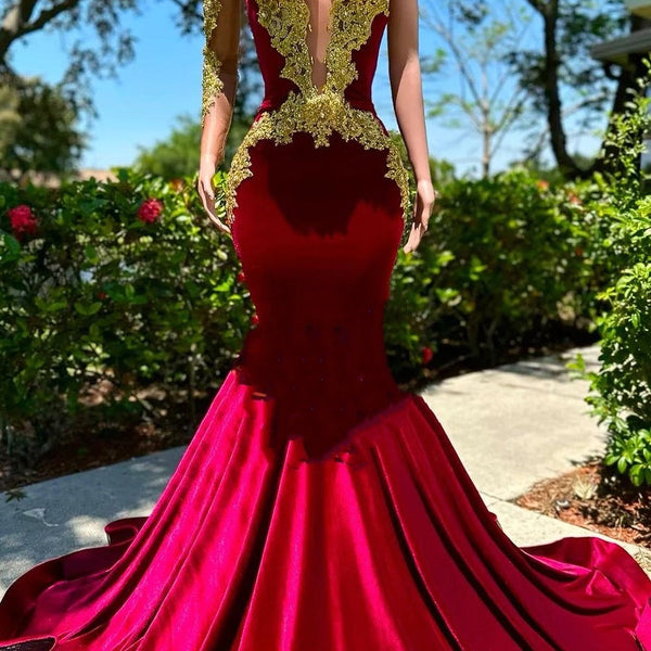 Long Sleeves One Shoulder Gold Appliques Burgundy Prom Dresses
