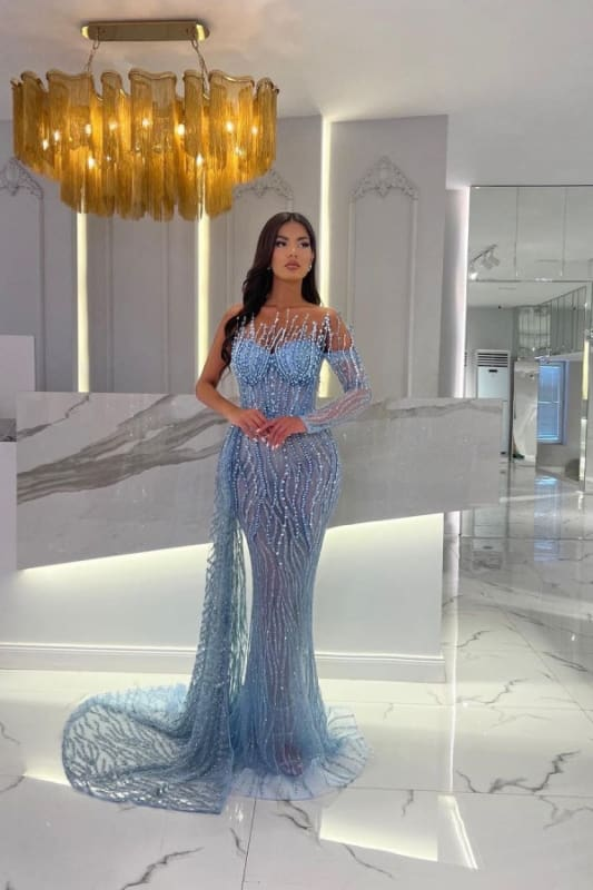 Long sleeves One shoulder Mermaid Dusty Blue Court Train Prom Dresses-Ballbella