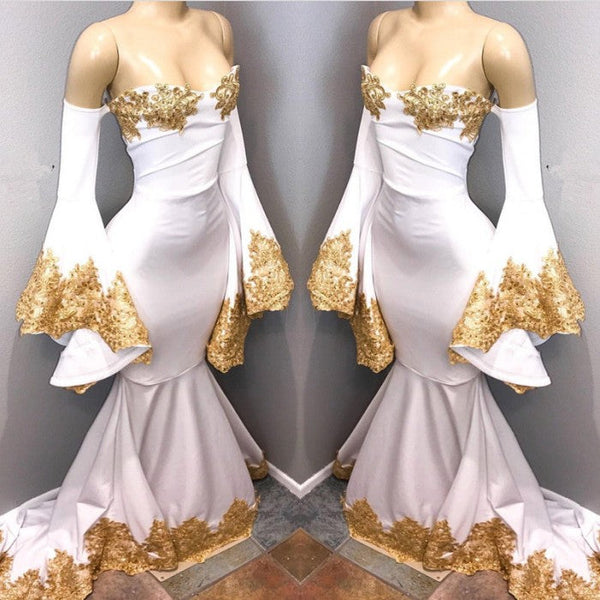 Ballbella custom made Long Sleeves Prom Party Gowns with gold appliques,  mermaid New Arrival evening dress with great discount. We provide worldwide shipping and will make the dress perfect for everyone.