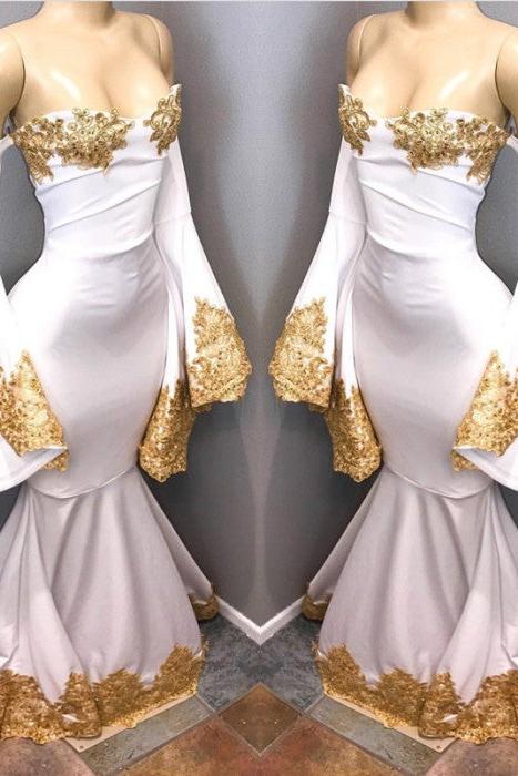 Long Sleeves Prom Party Gowns with gold appliques, mermaid evening dress-Ballbella