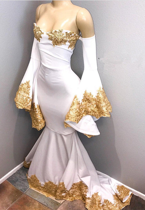 Ballbella custom made Long Sleeves Prom Party Gowns with gold appliques,  mermaid New Arrival evening dress with great discount. We provide worldwide shipping and will make the dress perfect for everyone.