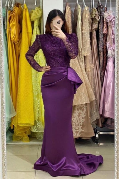 purple mermaid dress with sleeves Long Sleeves Purple Mermaid Evening Gown with Lace Appliques
