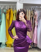 Long Sleeves Purple Mermaid Evening Gown with Lace Appliques-Ballbella