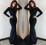Long Sleeves Round Collar Mermaid Prom Dress Black Sequins Long Chiffon-Ballbella