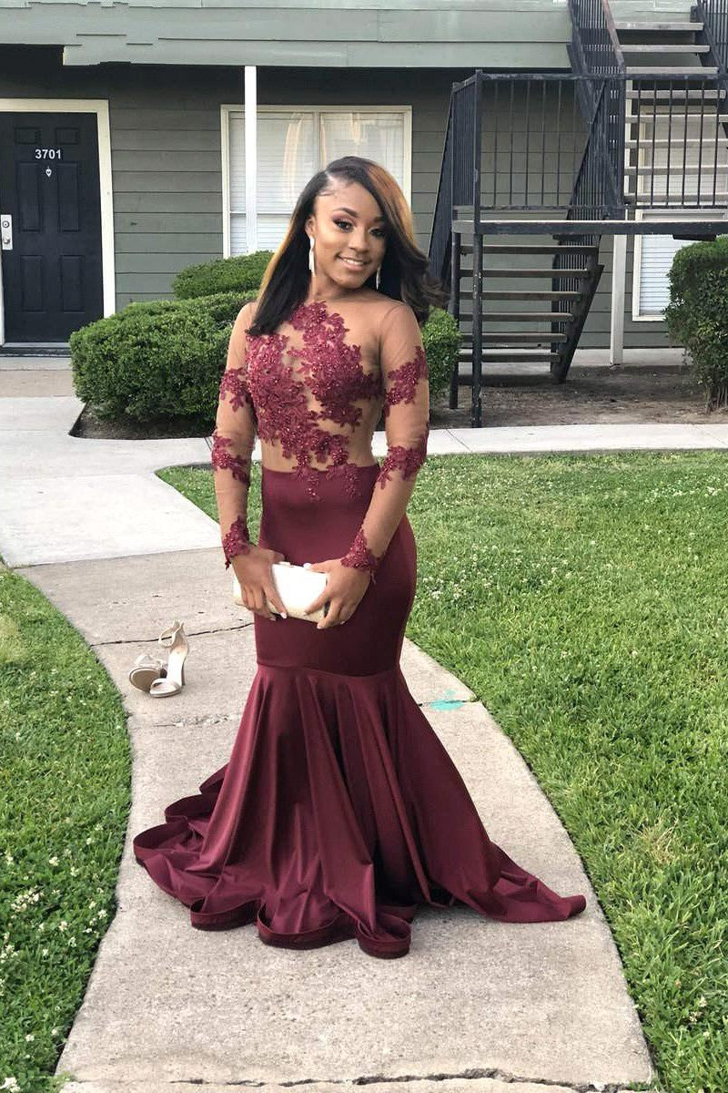 Long Sleeves Round Collar Mermaid Prom Dress Burgundy Applique Long Chiffon-Ballbella