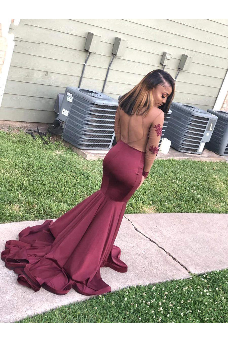 Long Sleeves Round Collar Mermaid Prom Dress Burgundy Applique Long Chiffon-Ballbella