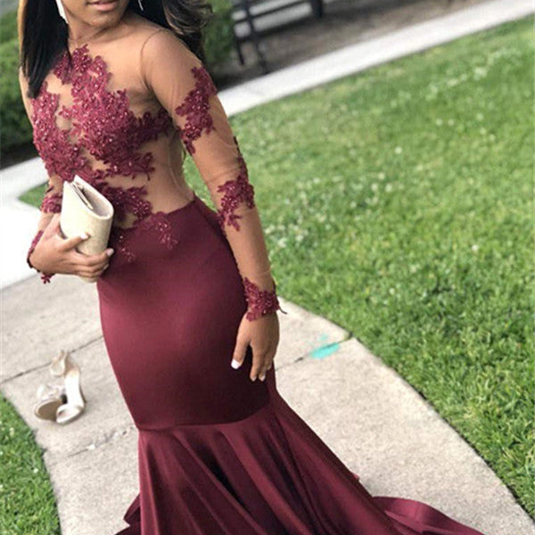Long Sleeves Round Collar Mermaid Prom Dress Burgundy Applique Long Ch –  Ballbella