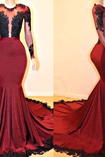Long Sleeves Round Collar Mermaid Prom Dress Red Sequins Long Chiffon-Ballbella