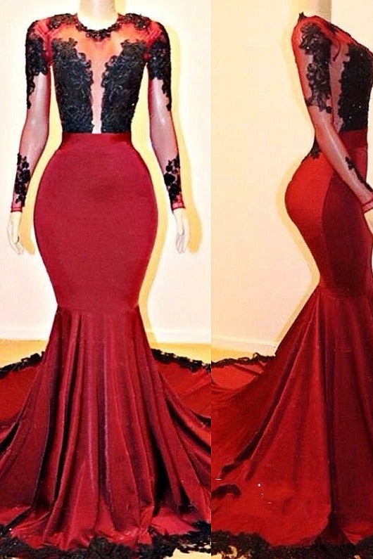 Long Sleeves Round Collar Mermaid Prom Dress Red Sequins Long Chiffon-Ballbella