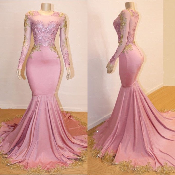 Long Sleeves Round Collar Mermaid Prom Dress Sequins Pink Long Chiffon-Ballbella