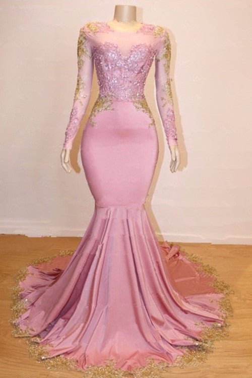 Long Sleeves Round Collar Mermaid Prom Dress Sequins Pink Long Chiffon-Ballbella