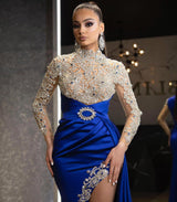 Long sleeves Royal blue High split Sparkle beaded Prom Dresses-Ballbella