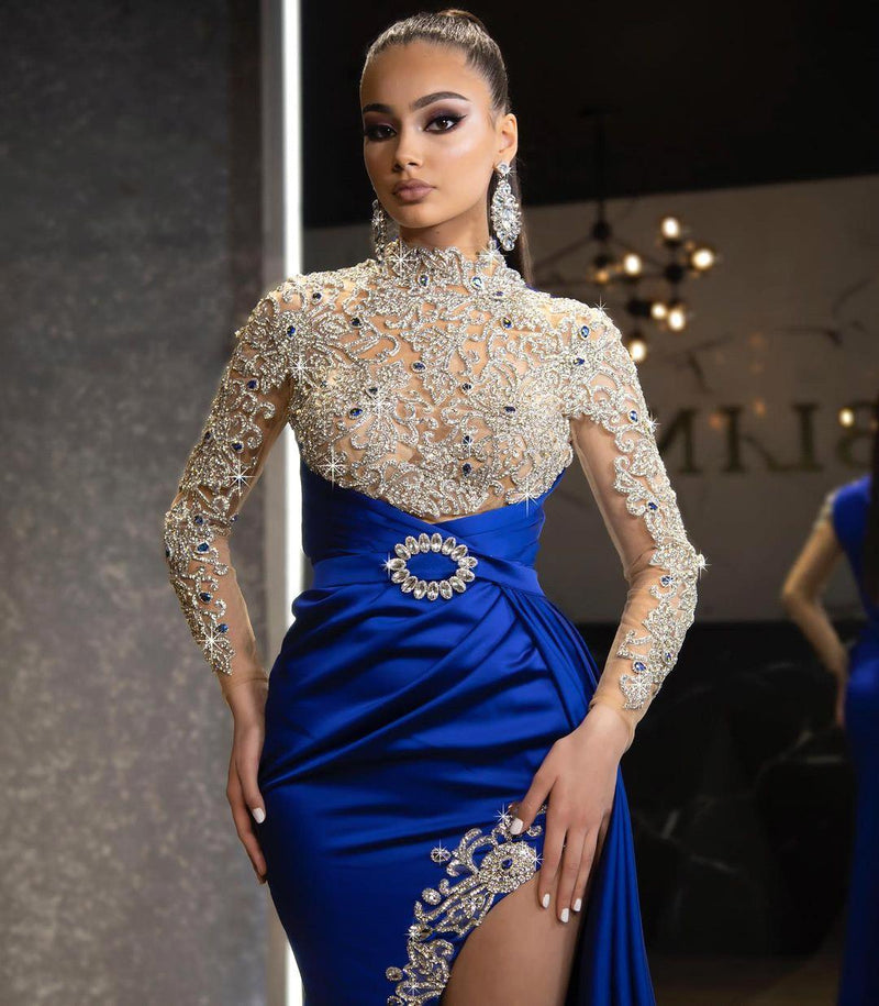 Long sleeves Royal blue High split Sparkle beaded Prom Dresses-Ballbella
