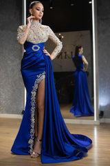 Long sleeves Royal blue High split Sparkle beaded Prom Dresses-Ballbella