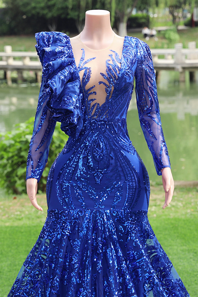 Long sleeves Royal Blue Mermaid Ruffles V-neck Floor length Prom Dresses Long sleeves Royal Blue Mermaid Ruffles V-neck Floor length Prom Dresses