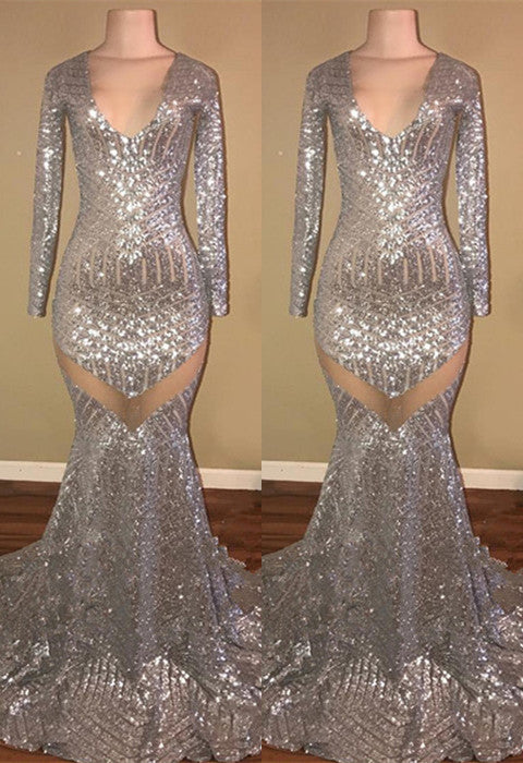 Still wondering where to buy trendy sequin prom dresses online? Ballbella provides you 30+ colors Long Sleeves Sequins Prom Party Gowns| Mermaid V-Neck Evening Gowns with Slit online,  free shipping worldwide.