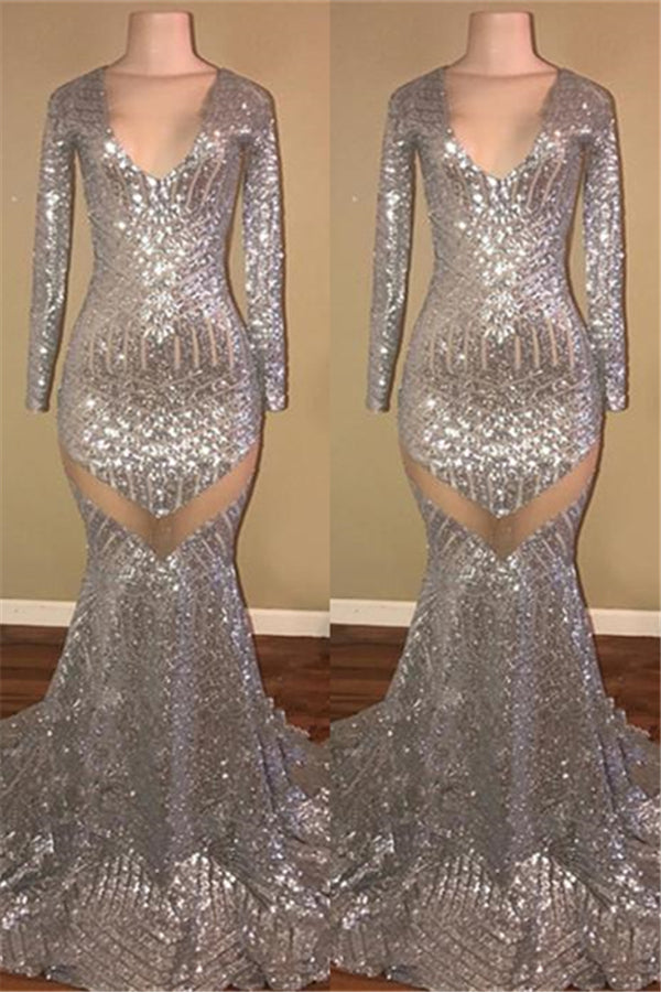 Long Sleeves Sequins Prom Party Gowns| Mermaid V-Neck Evening Gowns-Ballbella