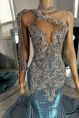 Long sleeves Silver Dusty Blue Shiny Court Train Beaded Prom Dresss-Ballbella